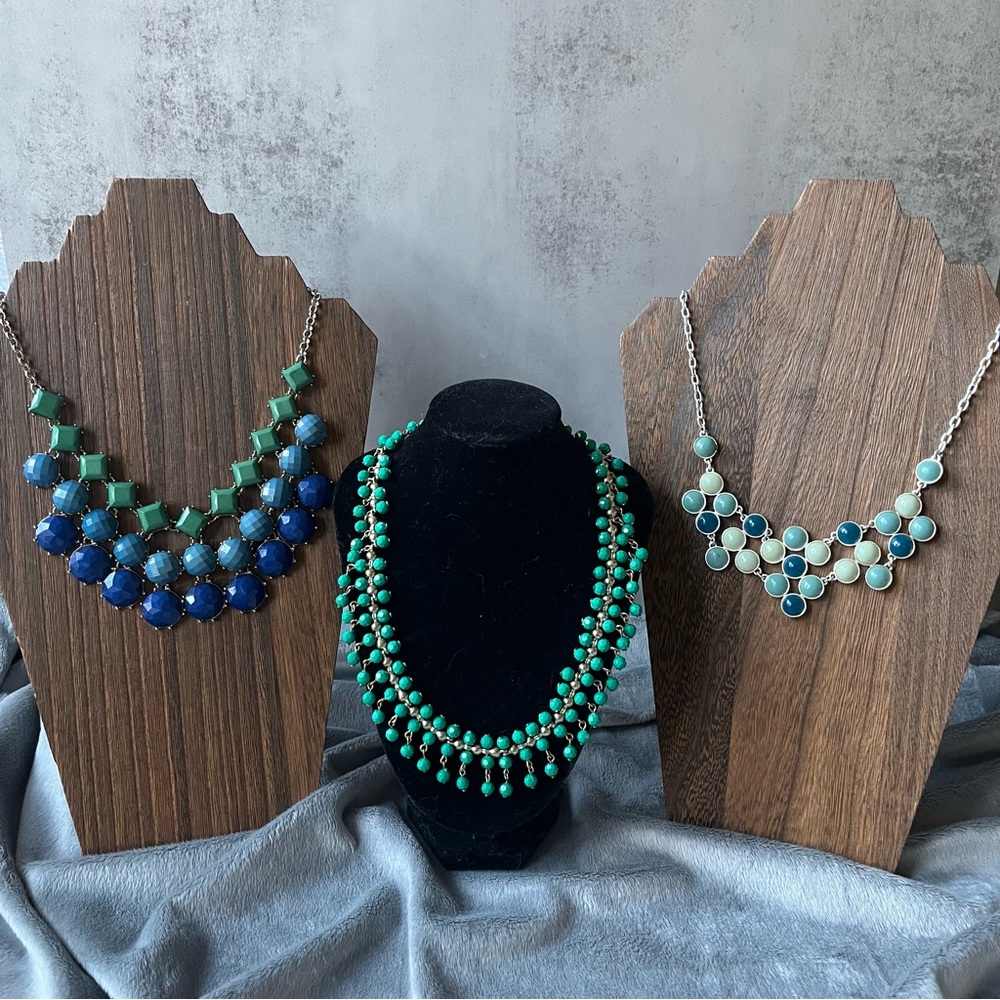 3 Necklace Lot – Teal & Blue Faceted Statement Jewelry Avon &LC